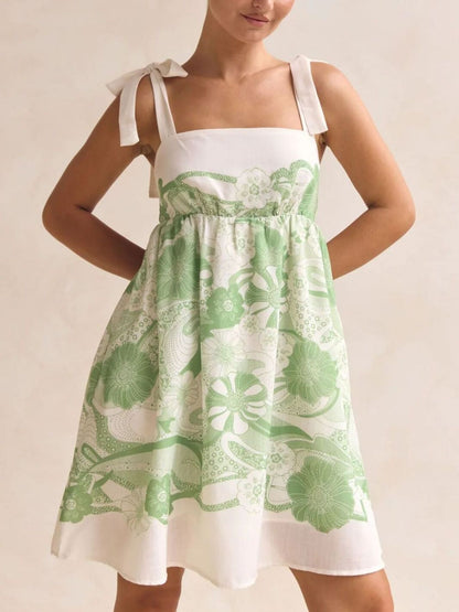 Printed Tie Shoulder Mini Dress-Nordavory
