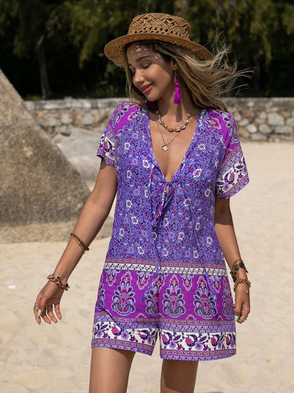 Tied Printed Short Sleeve Romper-Nordavory
