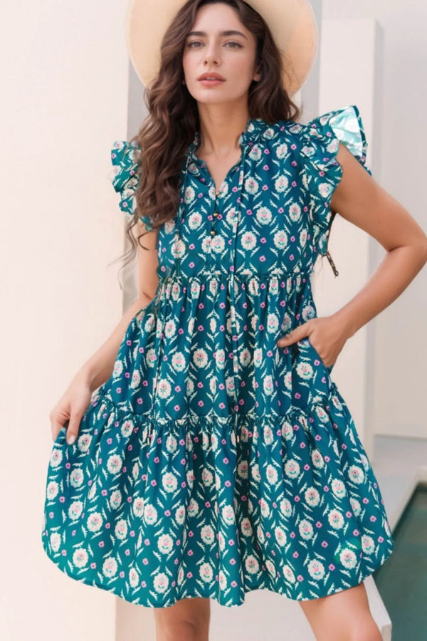 Printed Tie Neck Ruffled Cap Sleeve Dress-Nordavory