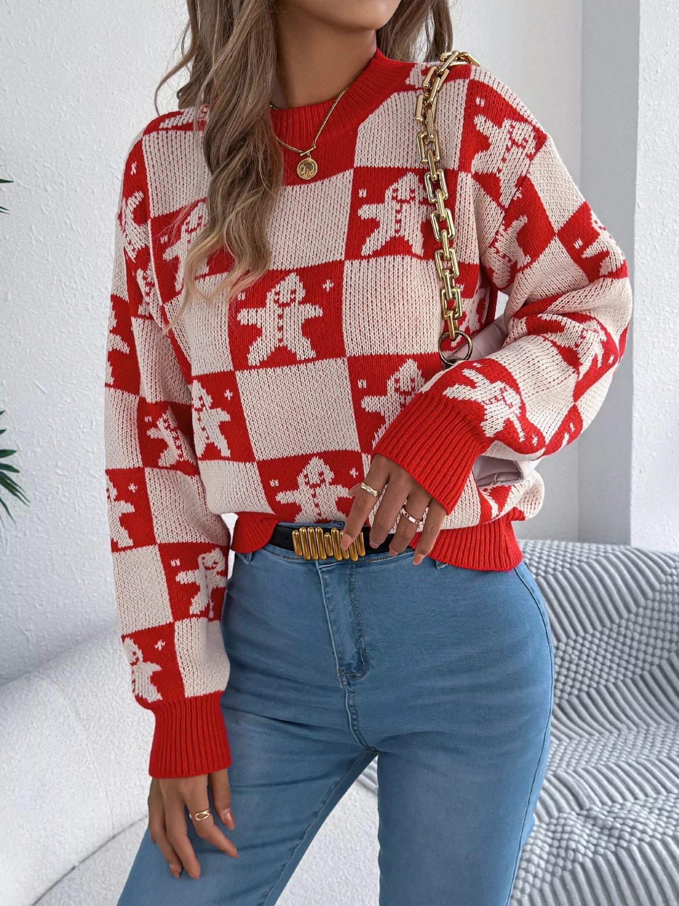 Christmas Checkerboard Gingerbread Round Neck Sweater-Nordavory