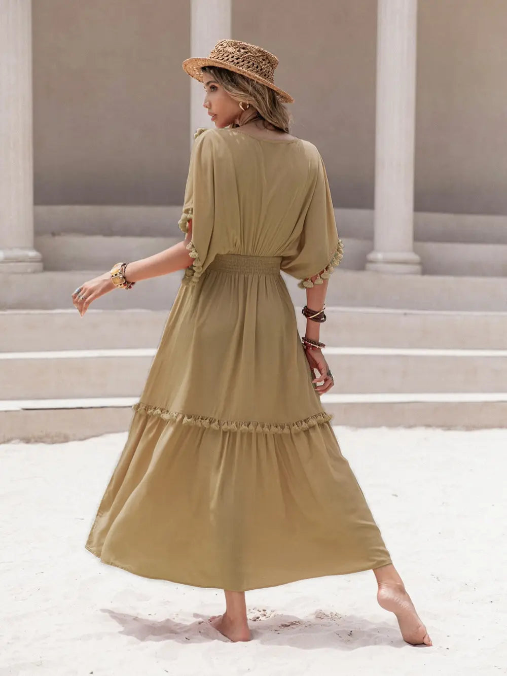 Tassel Trim Smocked V-Neck Short Sleeve Dress-Nordavory