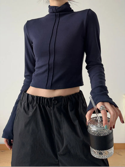 High Neck Long Sleeve Cropped T-Shirt-Nordavory