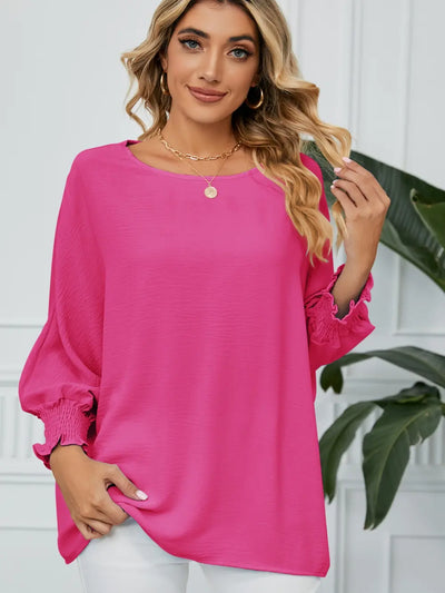 Smocked Lantern Sleeve Round Neck Blouse – Nordavory