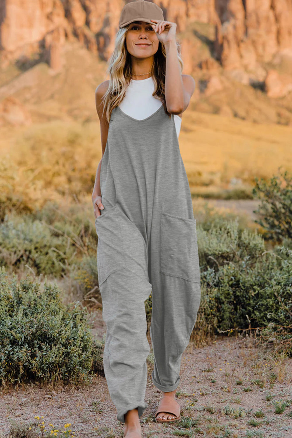 Double Take Full Size V-Neck Sleeveless Jumpsuit with Pockets-Nordavory