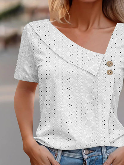 Eyelet Asymmetrical Short Sleeve T-Shirt-Nordavory