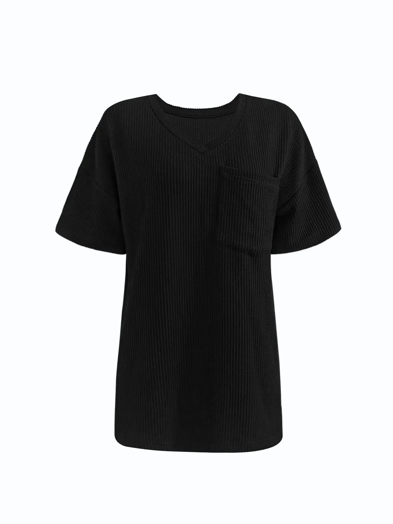 Ribbed V-Neck Oversized T-Shirt-Nordavory