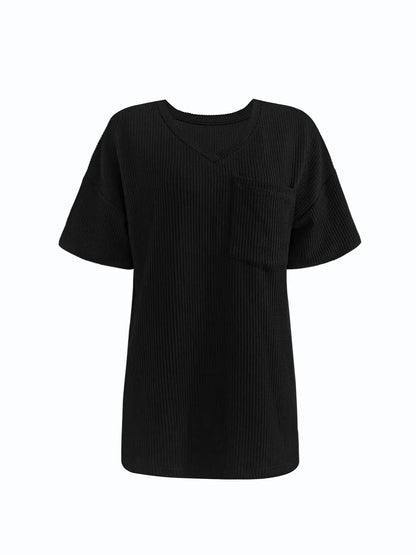 Ribbed V-Neck Oversized T-Shirt-Nordavory