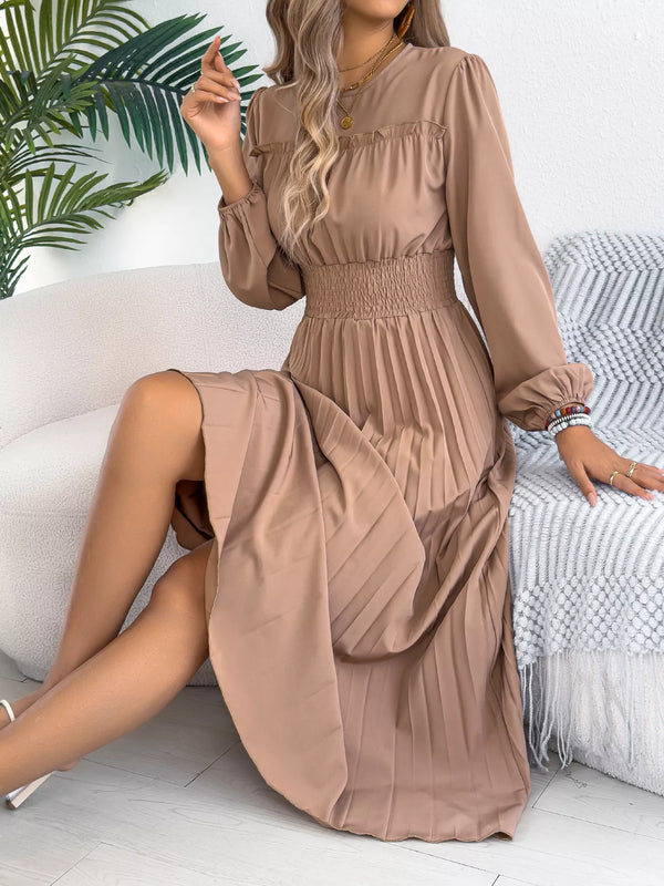 Smocked Pleated Long Sleeve Midi Dress-Nordavory