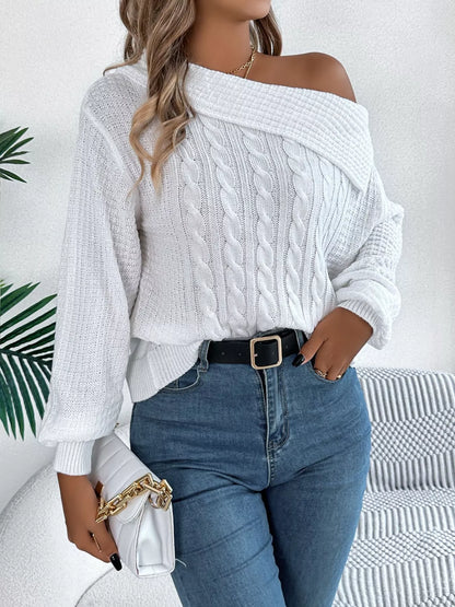 Off-Shoulder Cable Knit Sweater-Nordavory