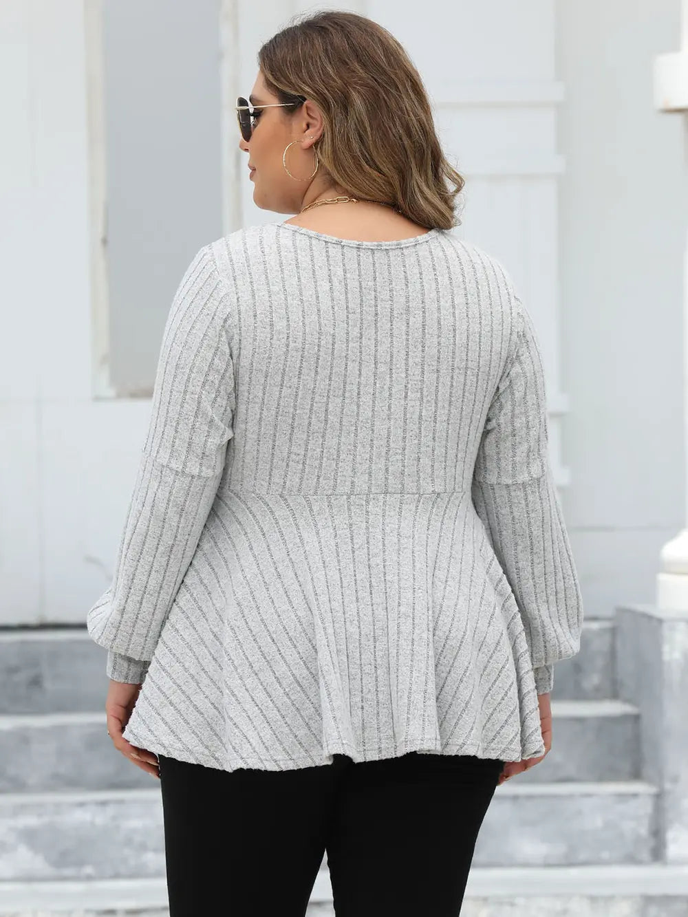 Plus Size Ribbed V-Neck Long Sleeve Blouse-Nordavory
