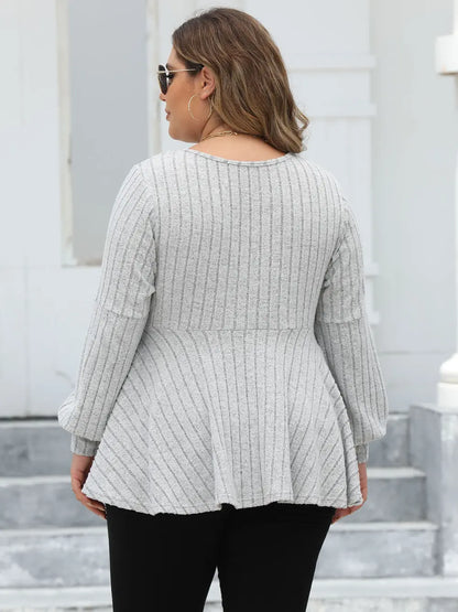 Plus Size Ribbed V-Neck Long Sleeve Blouse-Nordavory
