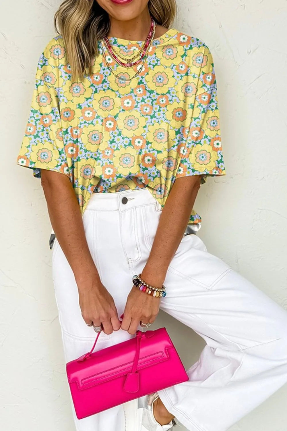 Floral Print Round Neck Oversized T-Shirt-Nordavory