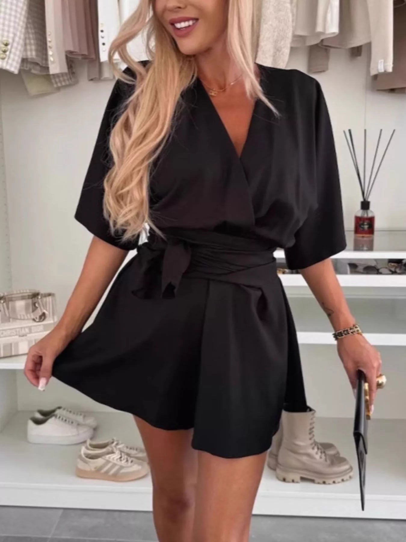 Full Size Surplice Tie Waist Romper Plus Size-Nordavory