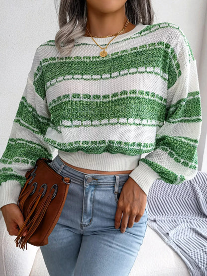 Color Block Round Neck Cropped Sweater-Nordavory