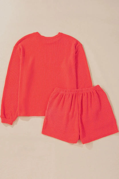 Sequin Heart Round Neck Long Sleeve Top and Shorts Set-Nordavory