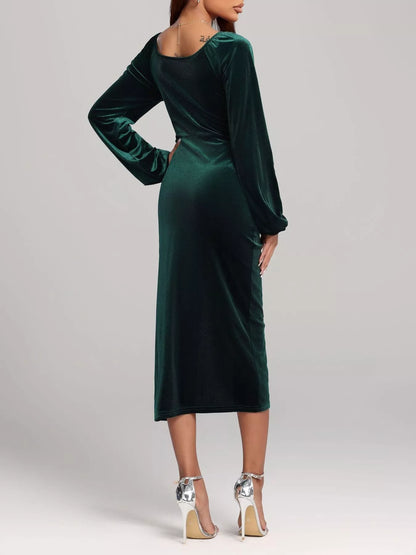 Velvet Long Sleeve Slit Midi Dress-Nordavory