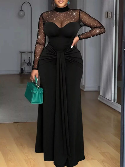 Mesh Mock Neck Long Sleeve Maxi Dress-Nordavory