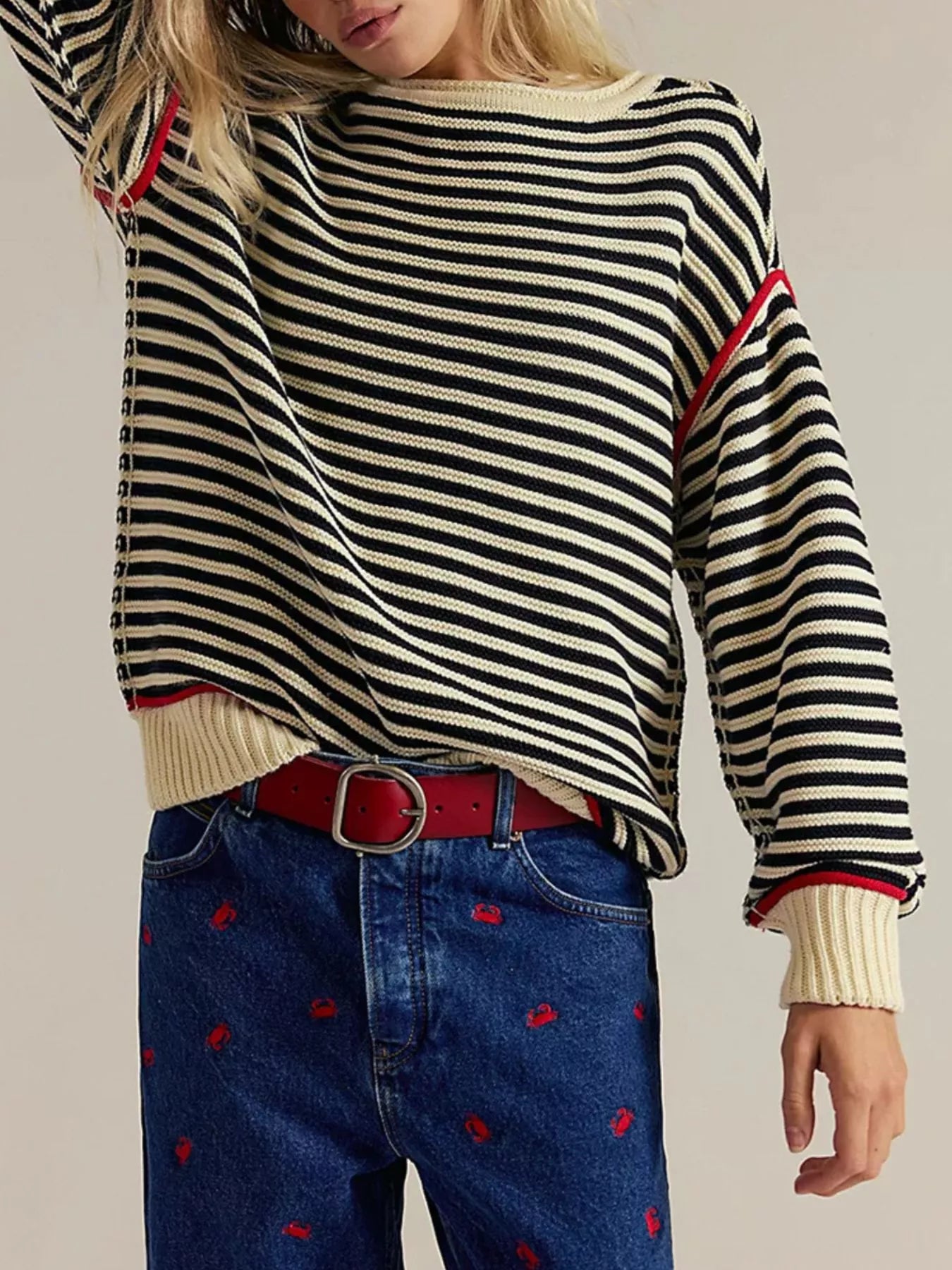 Striped Knit Round Neck Sweater-Nordavory