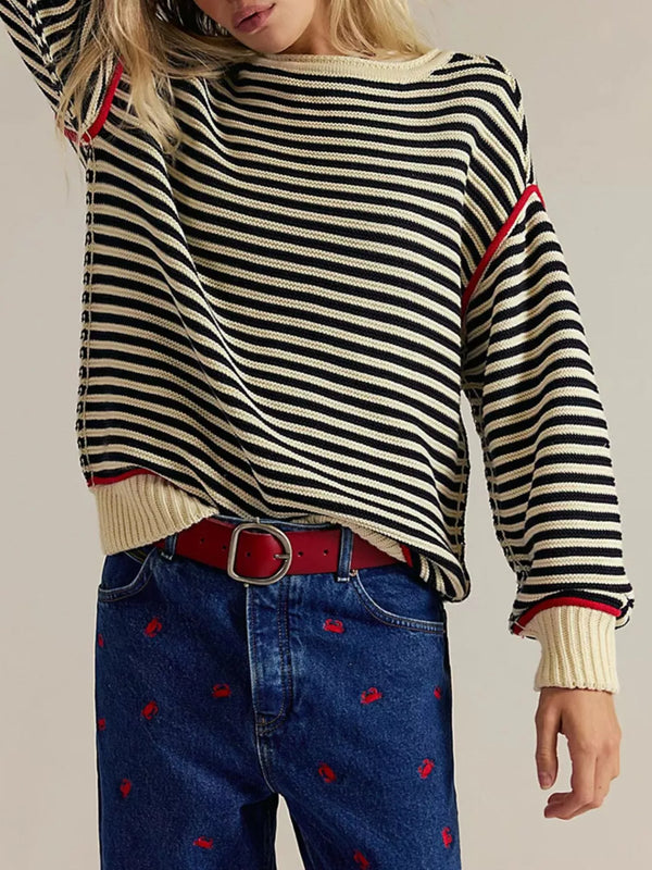 Striped Knit Round Neck Sweater-Nordavory