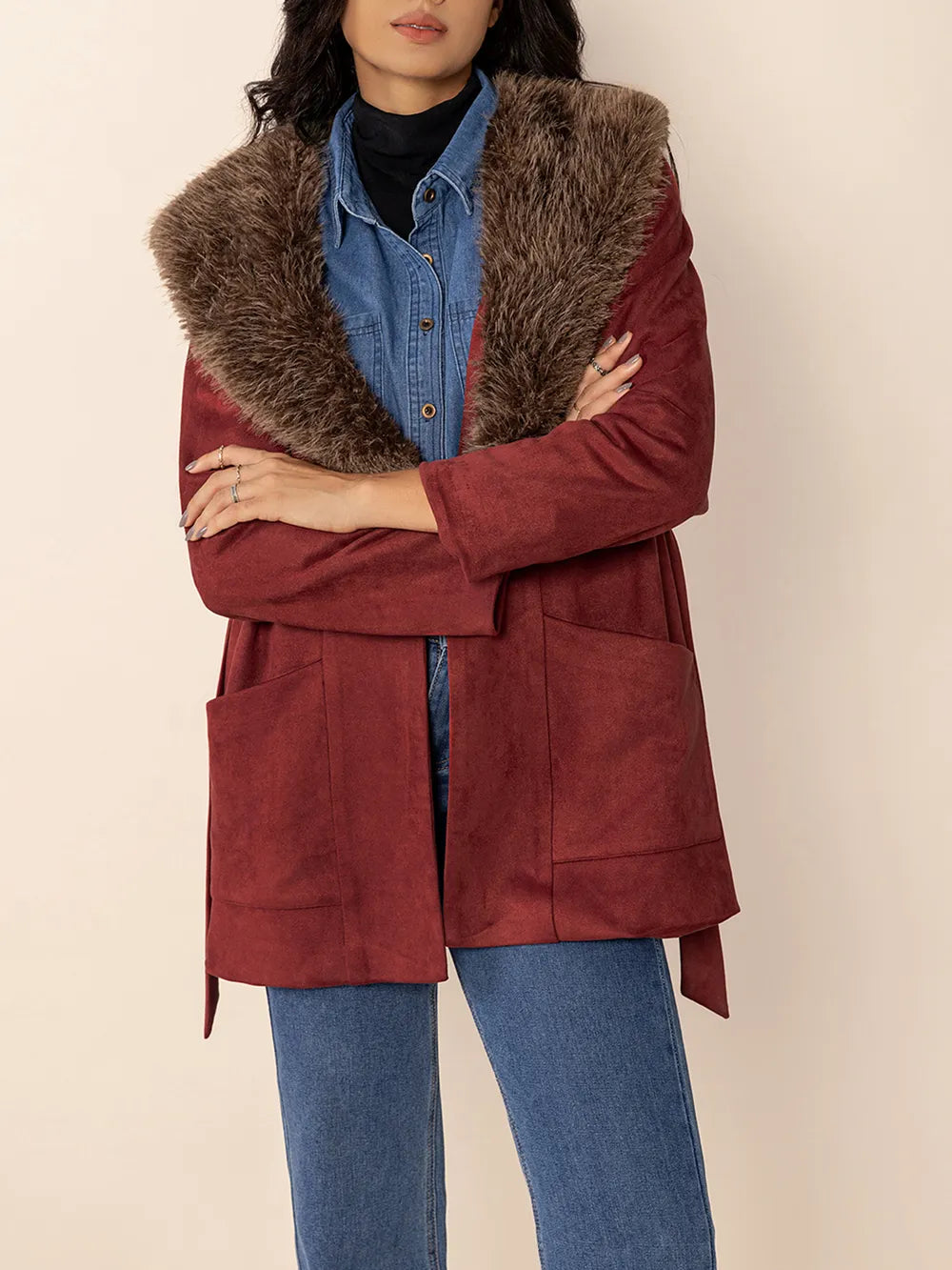 Fuzzy Collared Neck Tie Waist Jacket-Nordavory