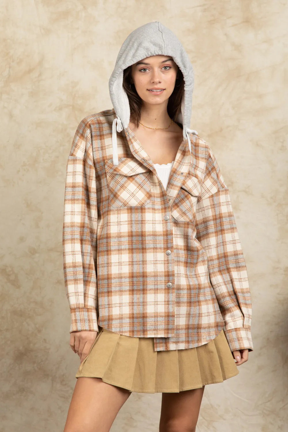 Drawstring Plaid Long Sleeve Hooded Jacket-Nordavory