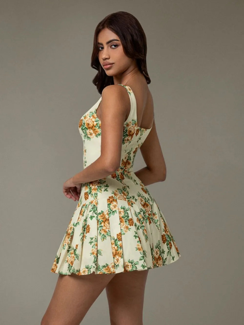 Floral Sleeveless Mini Pleated Dress-Nordavory