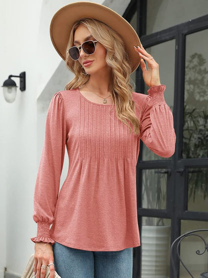 Smocked Round Neck Lantern Sleeve Blouse-Nordavory
