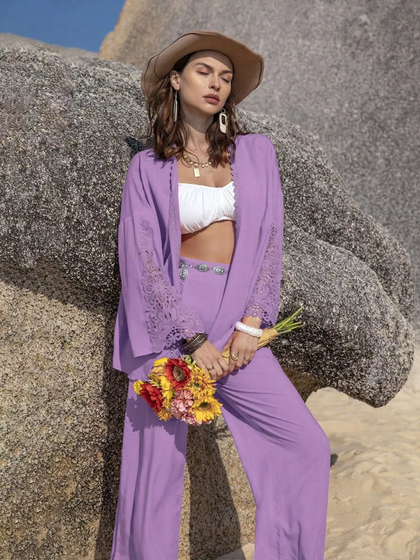 Lace Detail Open Front Cover Up and Pants Set-Nordavory