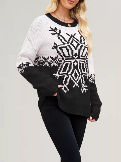 Christmas Snowflake Round Neck Sweater-Nordavory