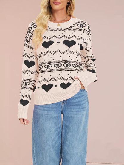 Heart & Bow Pattern Round Neck Sweater-Nordavory