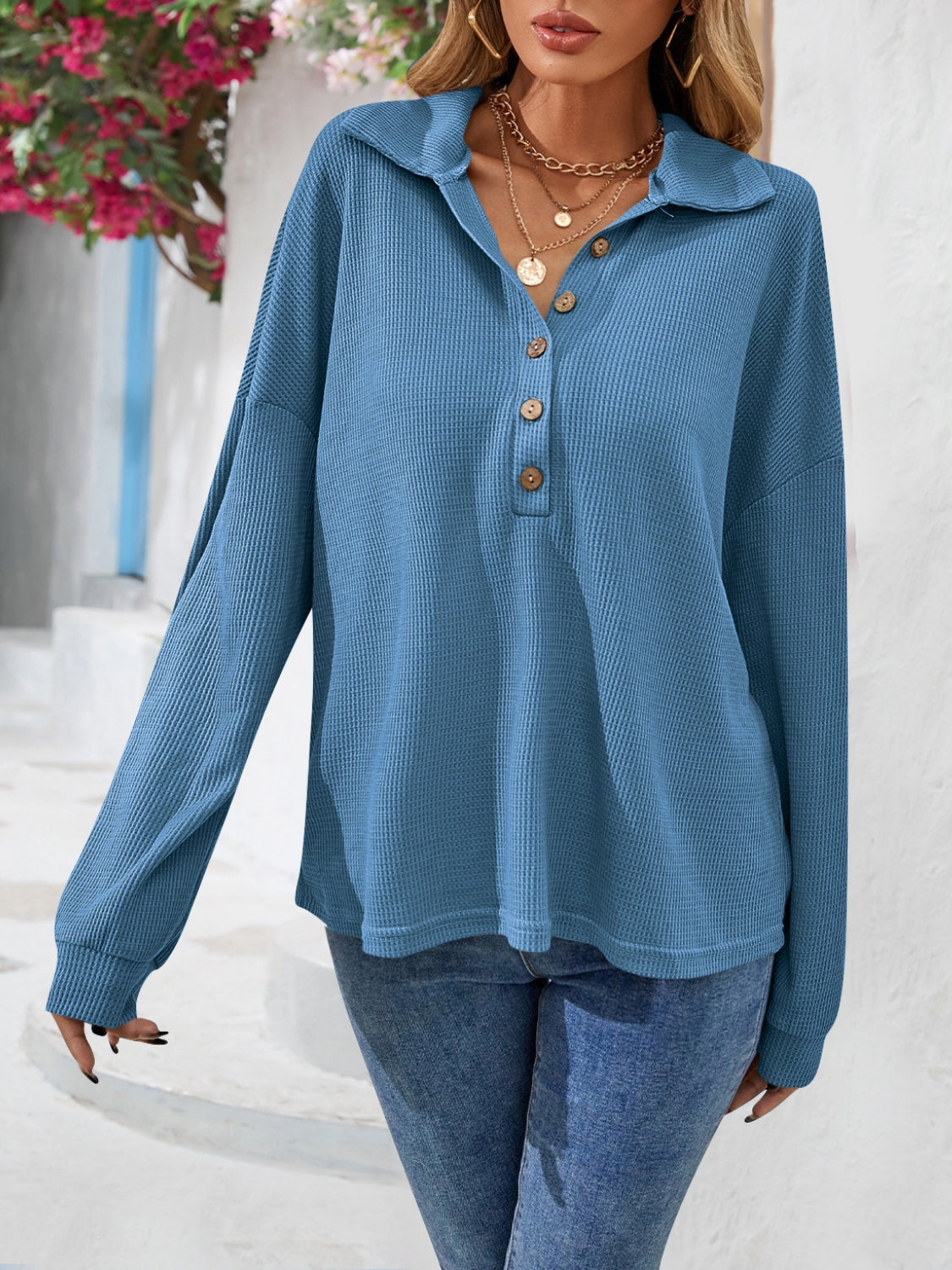 Half Button Collared Neck Long Sleeve Top-Nordavory