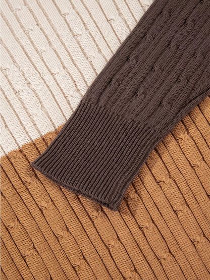 Colorblock Cable Knit Round Neck Sweater-Nordavory