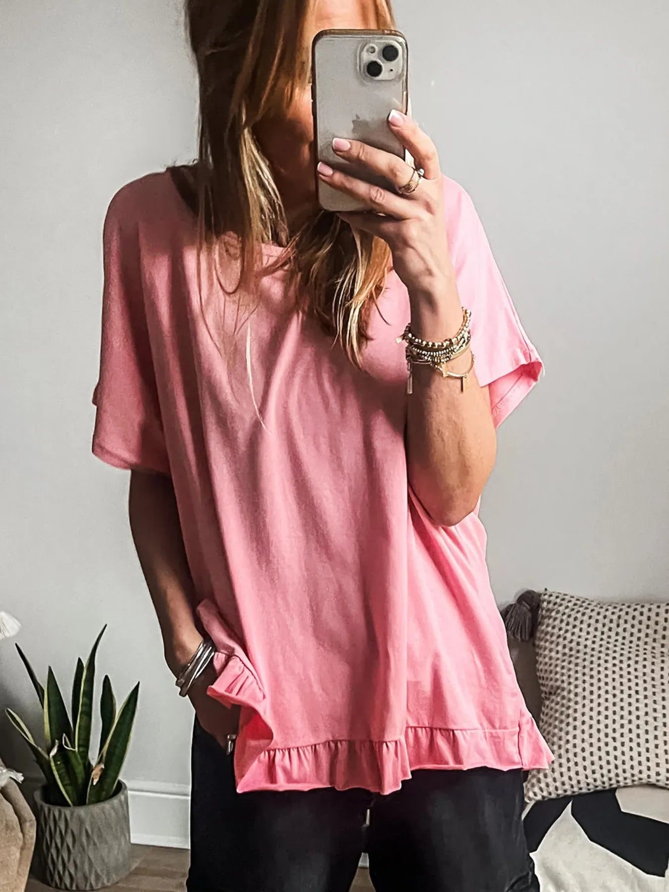 Ruffle Hem Round Neck Relaxed T-Shirt-Nordavory