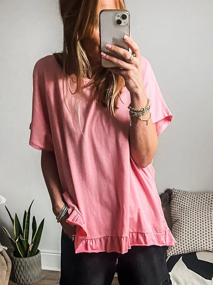 Ruffle Hem Round Neck Relaxed T-Shirt-Nordavory