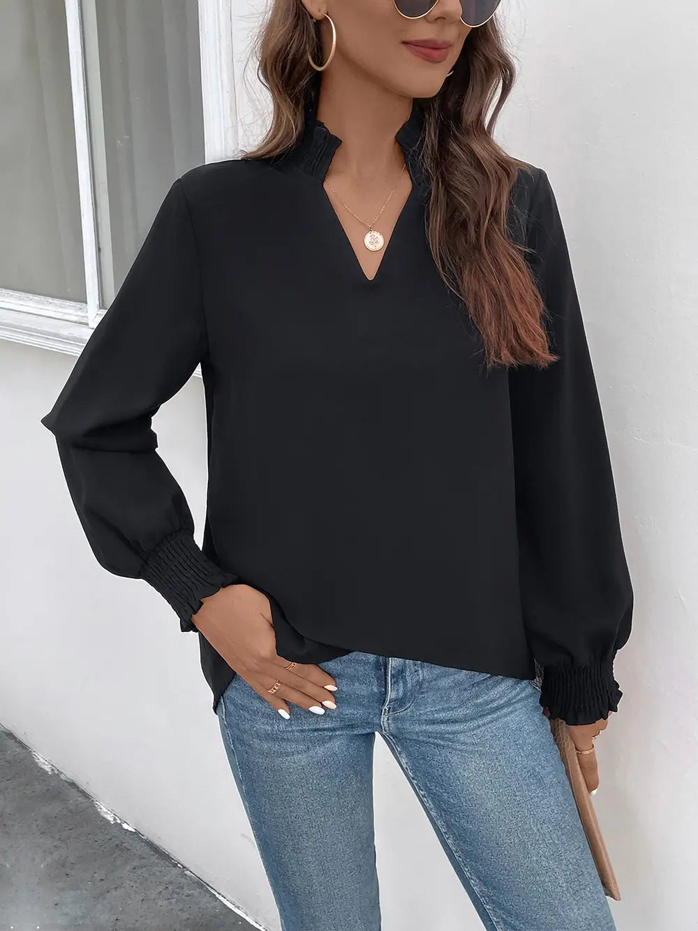 Perfee Smocked Notched Long Sleeve Blouse-Nordavory