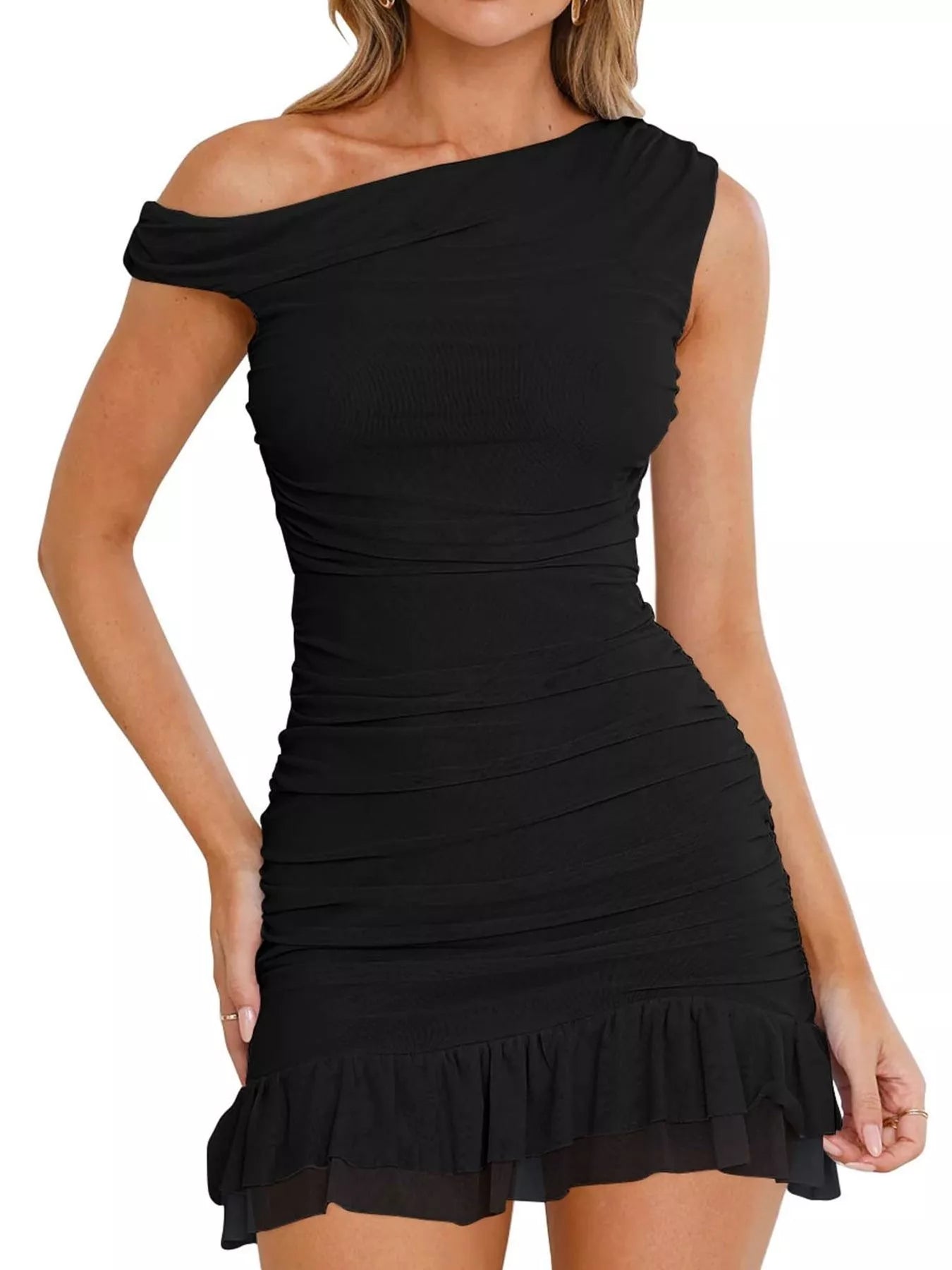 Ruffled Single Shoulder Mini Dress-Nordavory