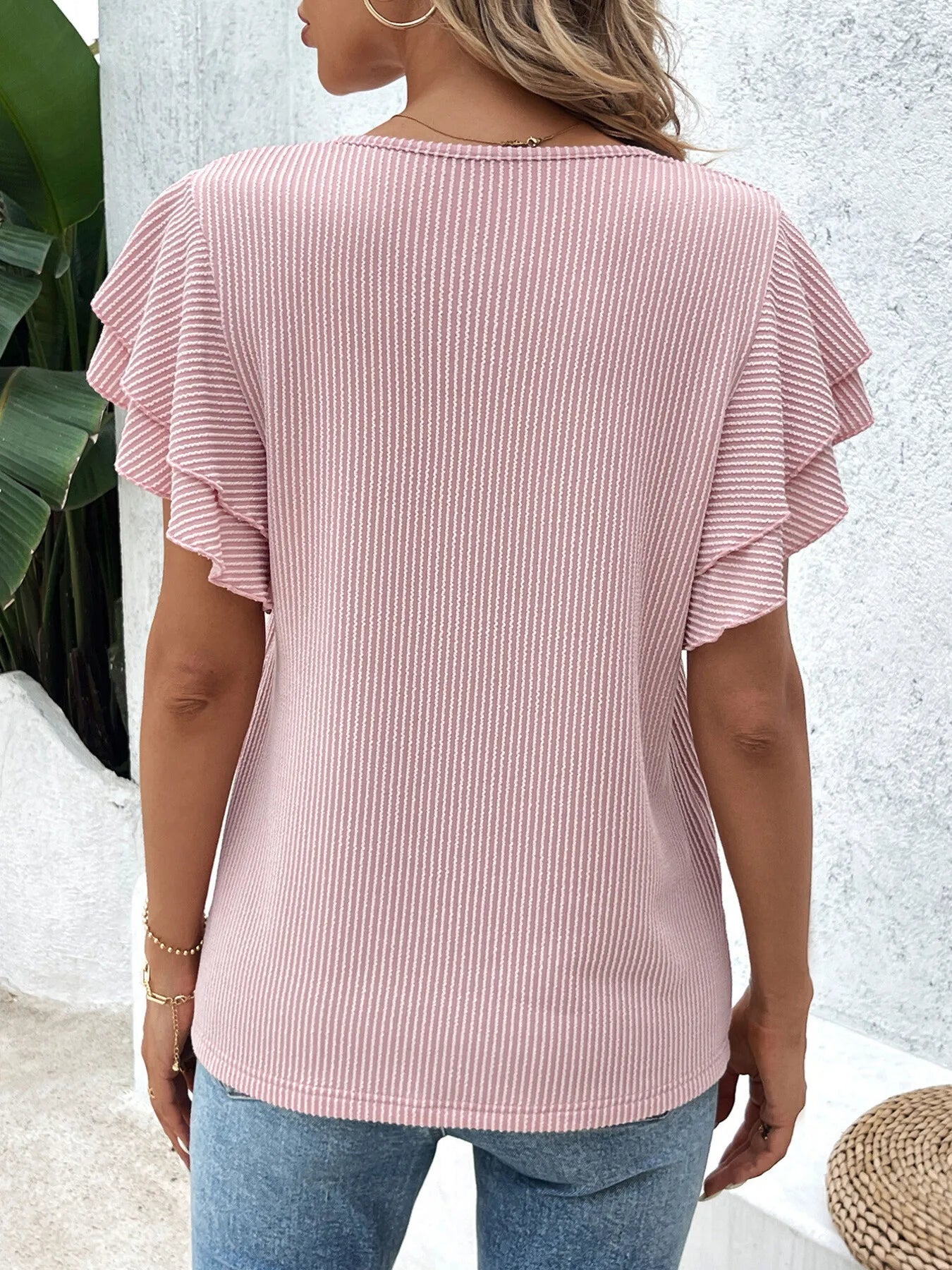 Ribbed Flutter Sleeve T-Shirt-Nordavory