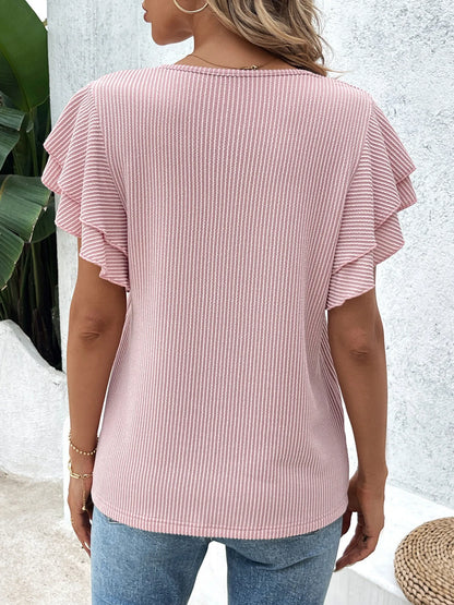 Ribbed Flutter Sleeve T-Shirt-Nordavory