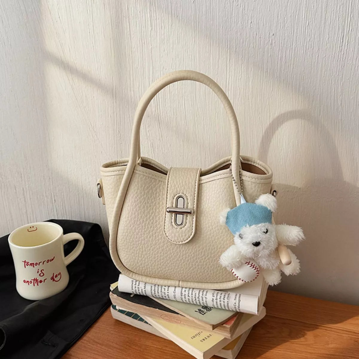 Textured Bucket Handbag – Mini PU Leather – image 6