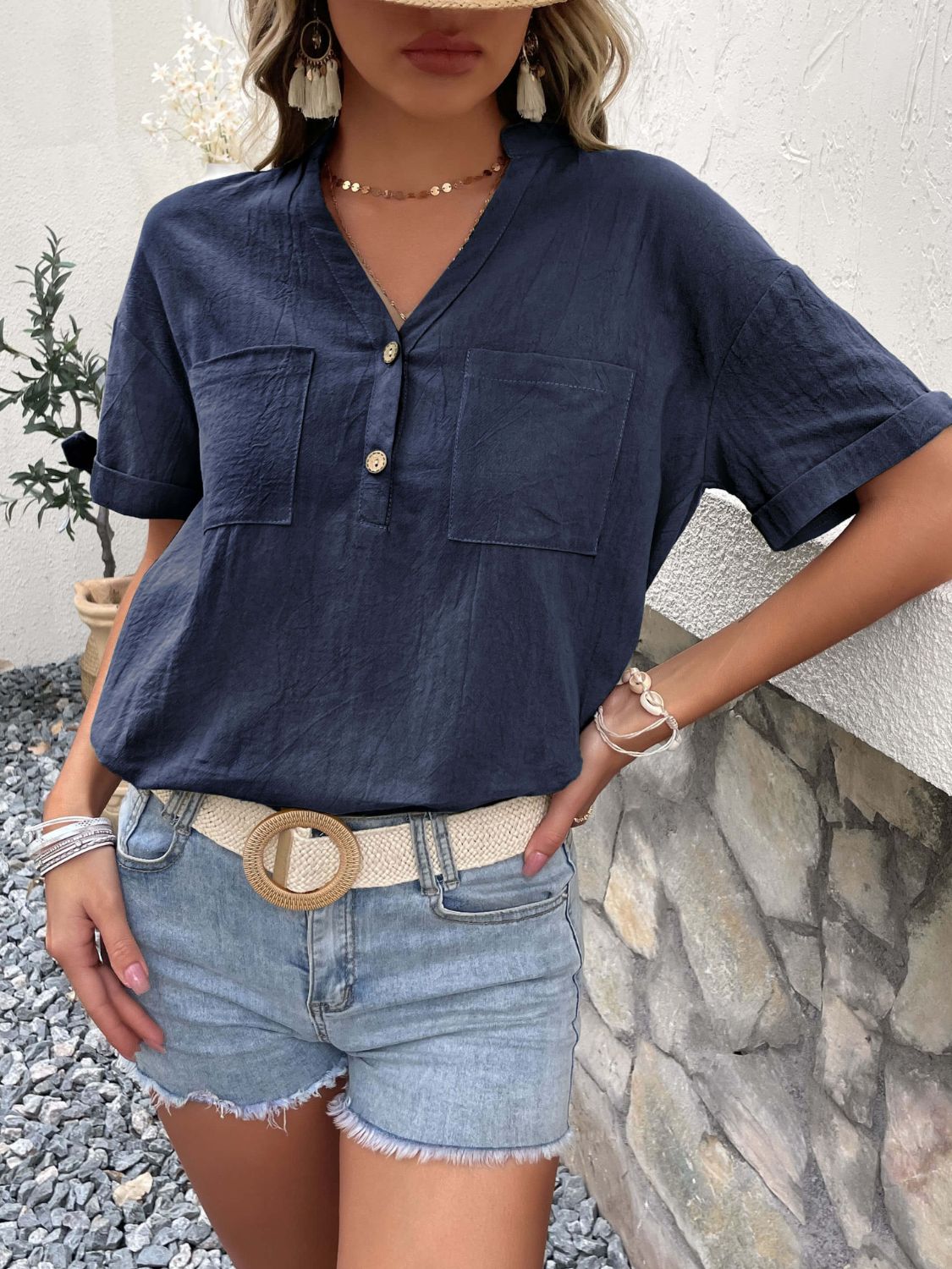 Perfee Buttoned Notched Neck Cuffed Sleeve Blouse-Nordavory
