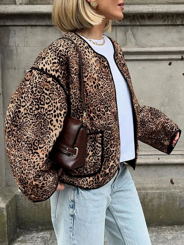 Perfee Leopard Open Front Long Sleeve Jacket-Nordavory
