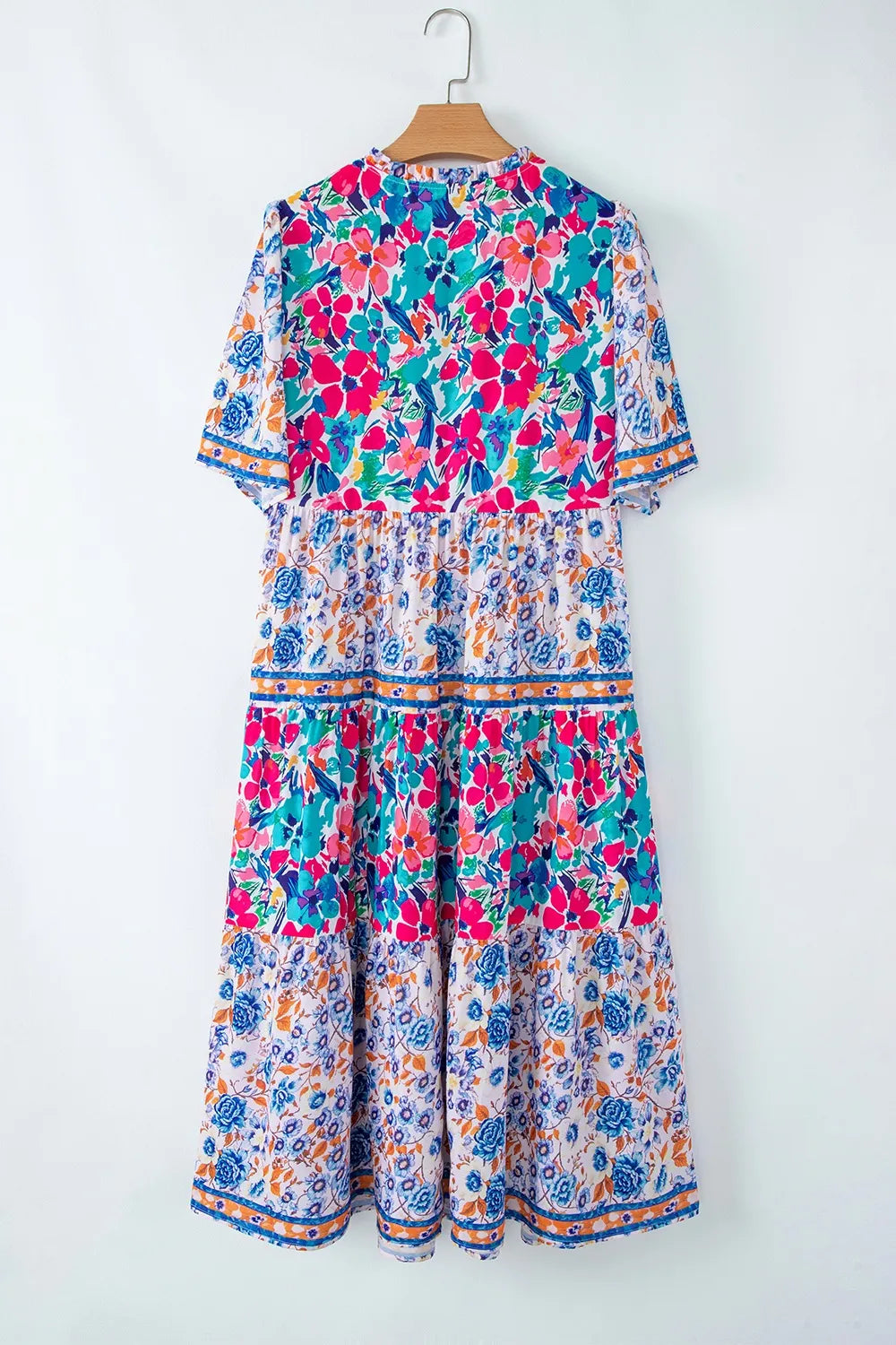 Mixed Floral Print Tie Neck Short Sleeve Dress-Nordavory