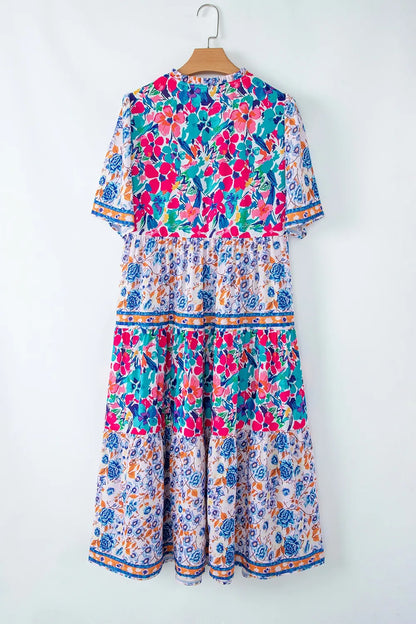 Mixed Floral Print Tie Neck Short Sleeve Dress-Nordavory