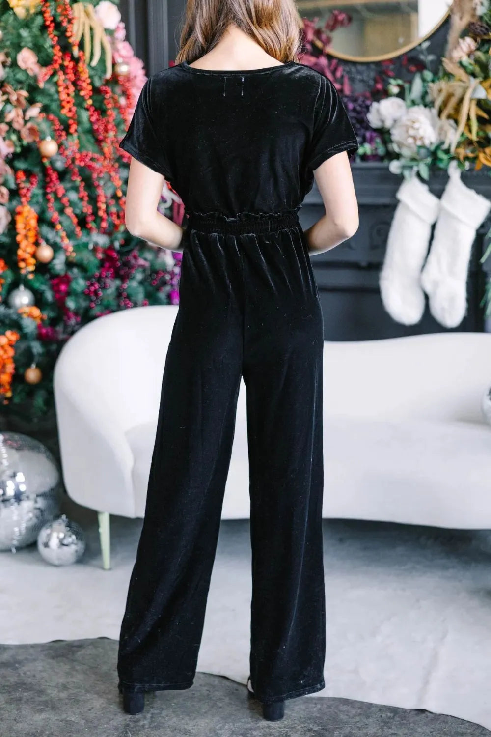 Drawstring Surplice Short Sleeve Jumpsuit-Nordavory