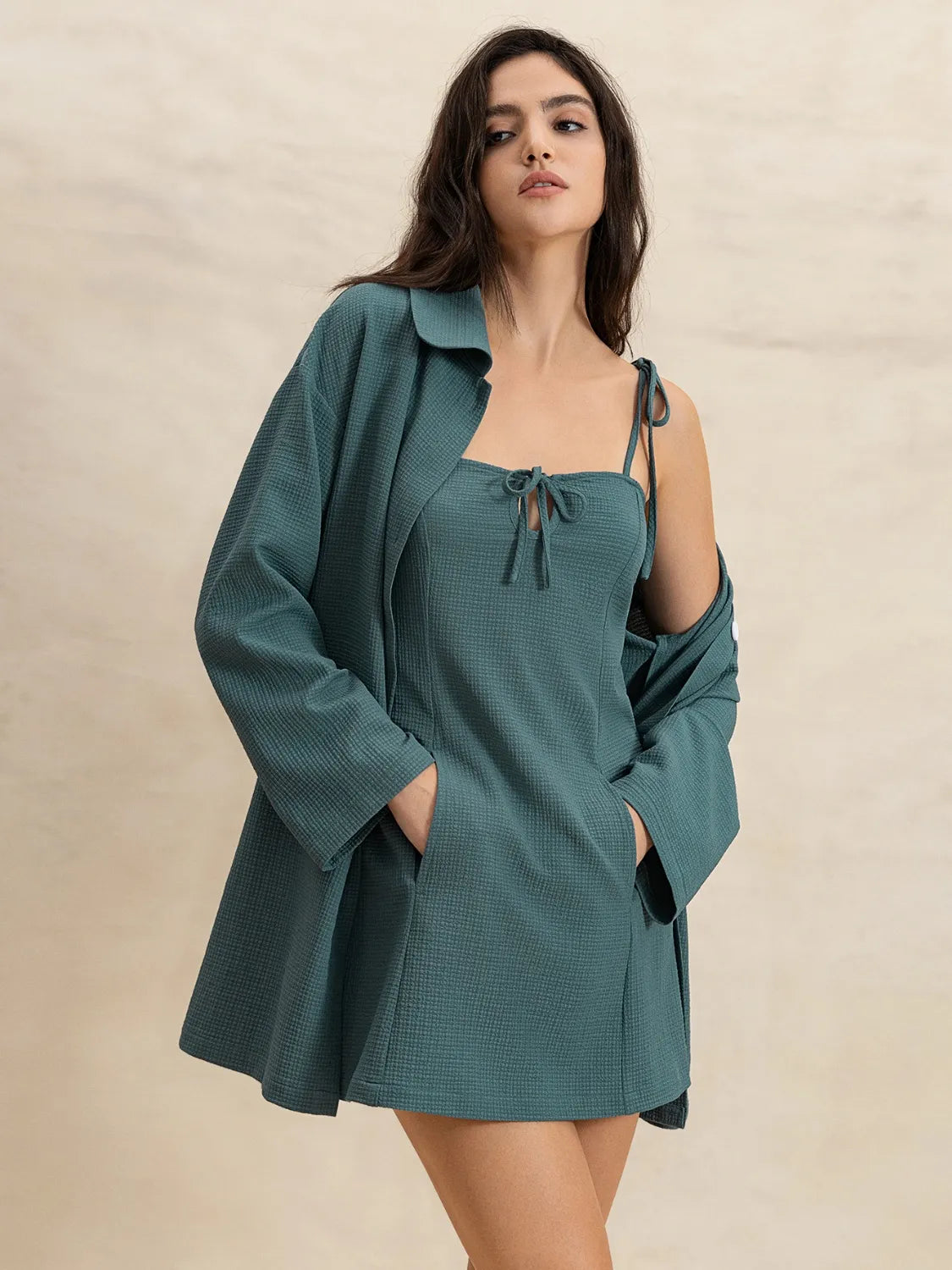 Tie Shoulder Mini Dress and Long Sleeve Top Set-Nordavory