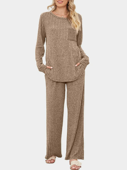Round Neck Long Sleeve Top and Pants Set-Nordavory