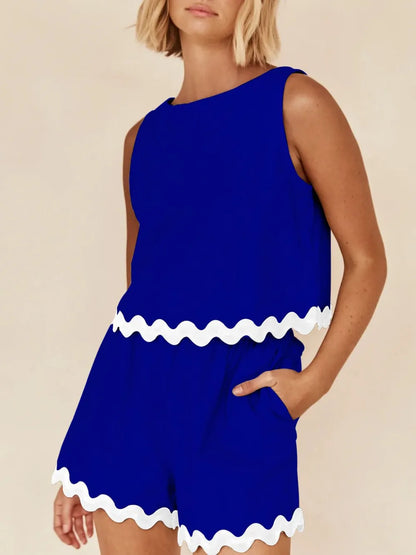 Contrast Trim Round Neck Tank and Shorts Set-Nordavory