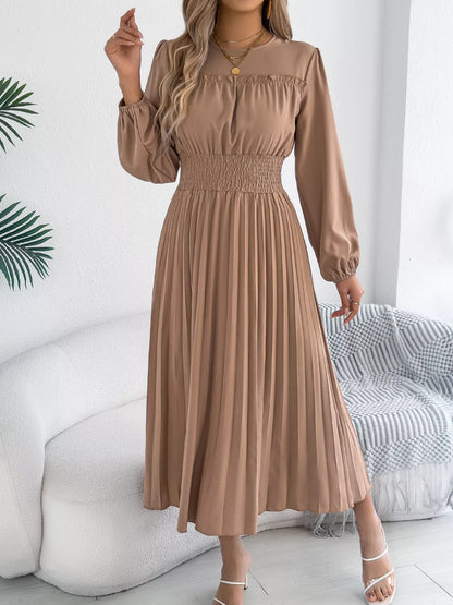 Smocked Pleated Long Sleeve Midi Dress-Nordavory