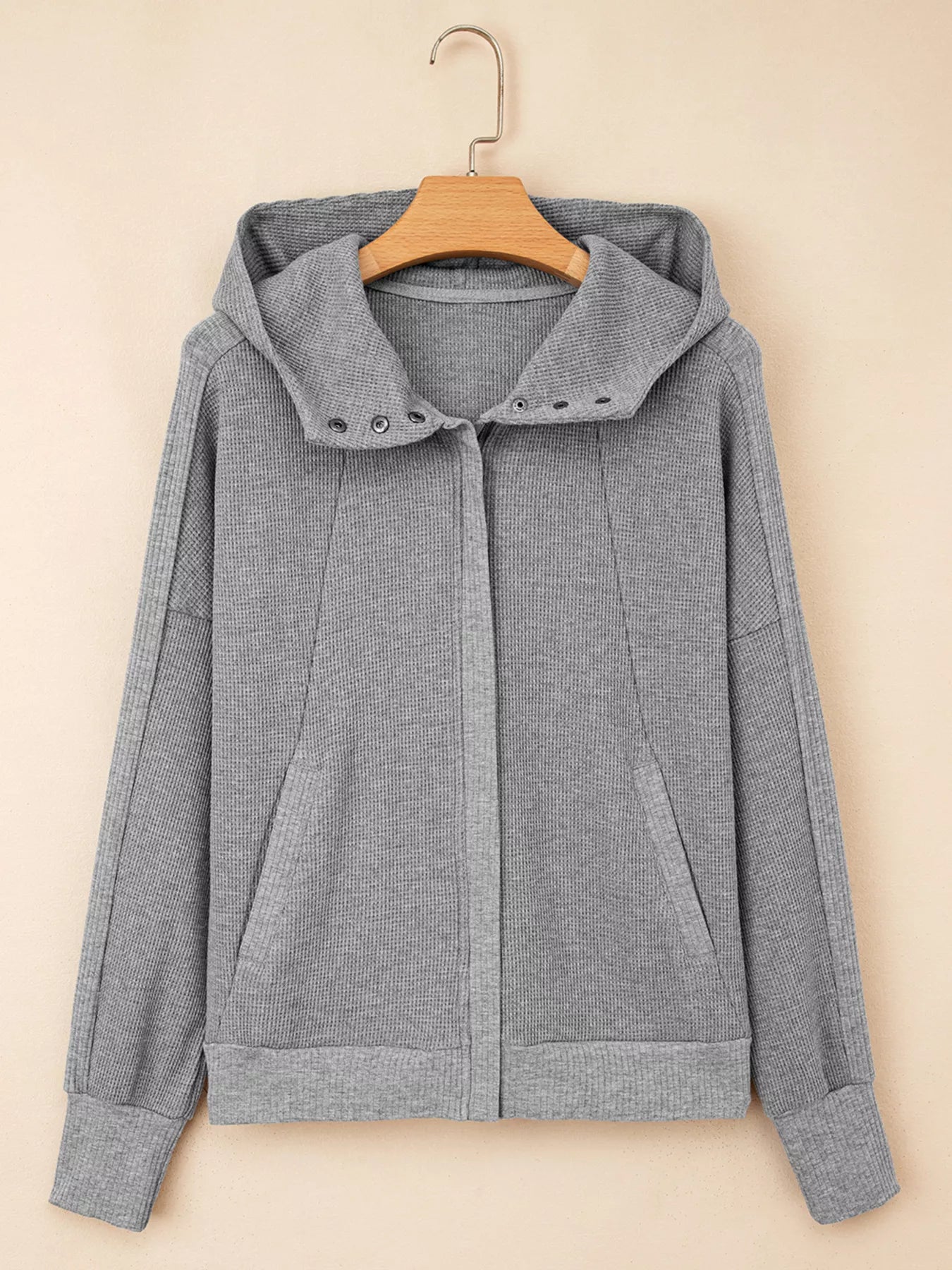 Waffle Splicing Zip Up Front Button Hooded Jacket-Nordavory