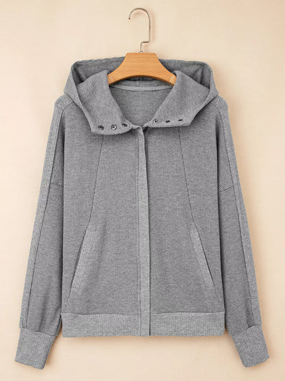 Waffle Splicing Zip Up Front Button Hooded Jacket-Nordavory